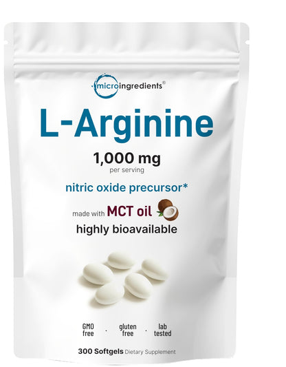 Micro Ingredients L-Arginine 1000mg with MCT Oil, 300 Softgels | Nitric Oxide Precursor* for Men & Women | Extra Strength Amino Acid Formula for Daily Wellness - dailyvitalstore