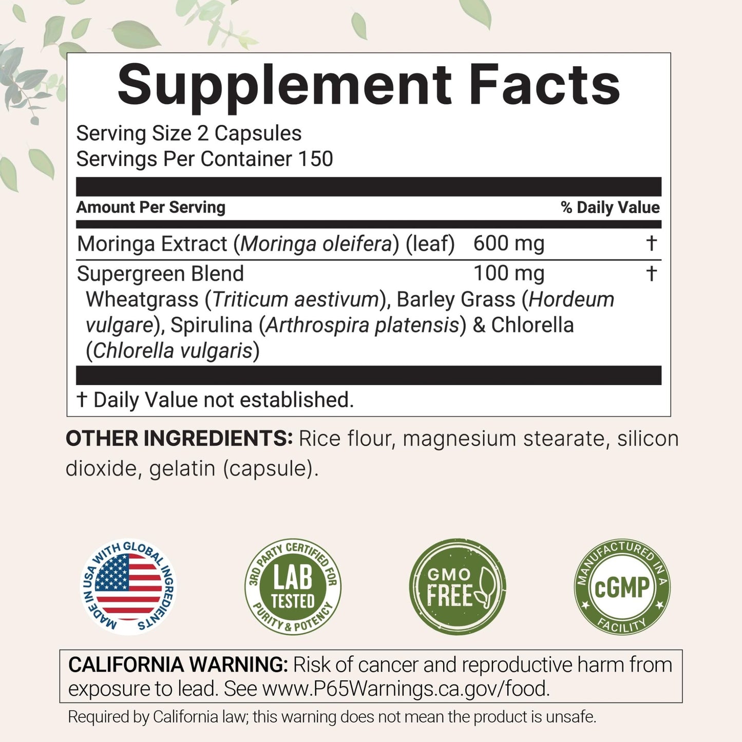 Micro Ingredients Moringa Oleifera | 300 Capsules with Supergreens Blend of Wheatgrass, Barley Grass, Spirulina, & Chlorella | Antioxidant Supplement, Energy, & Immune Support | Non-GMO - dailyvitalstore