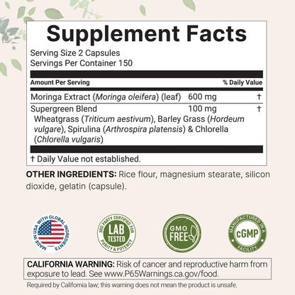Micro Ingredients Moringa Oleifera | 300 Capsules with Supergreens Blend of Wheatgrass, Barley Grass, Spirulina, & Chlorella | Antioxidant Supplement, Energy, & Immune Support | Non-GMO - dailyvitalstore