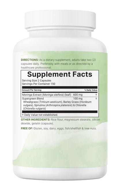 Micro Ingredients Moringa Oleifera | 300 Capsules with Supergreens Blend of Wheatgrass, Barley Grass, Spirulina, & Chlorella | Antioxidant Supplement, Energy, & Immune Support | Non-GMO - dailyvitalstore