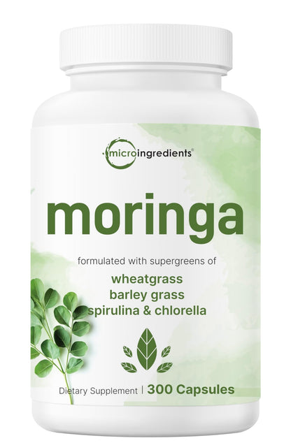 Micro Ingredients Moringa Oleifera | 300 Capsules with Supergreens Blend of Wheatgrass, Barley Grass, Spirulina, & Chlorella | Antioxidant Supplement, Energy, & Immune Support | Non-GMO - dailyvitalstore