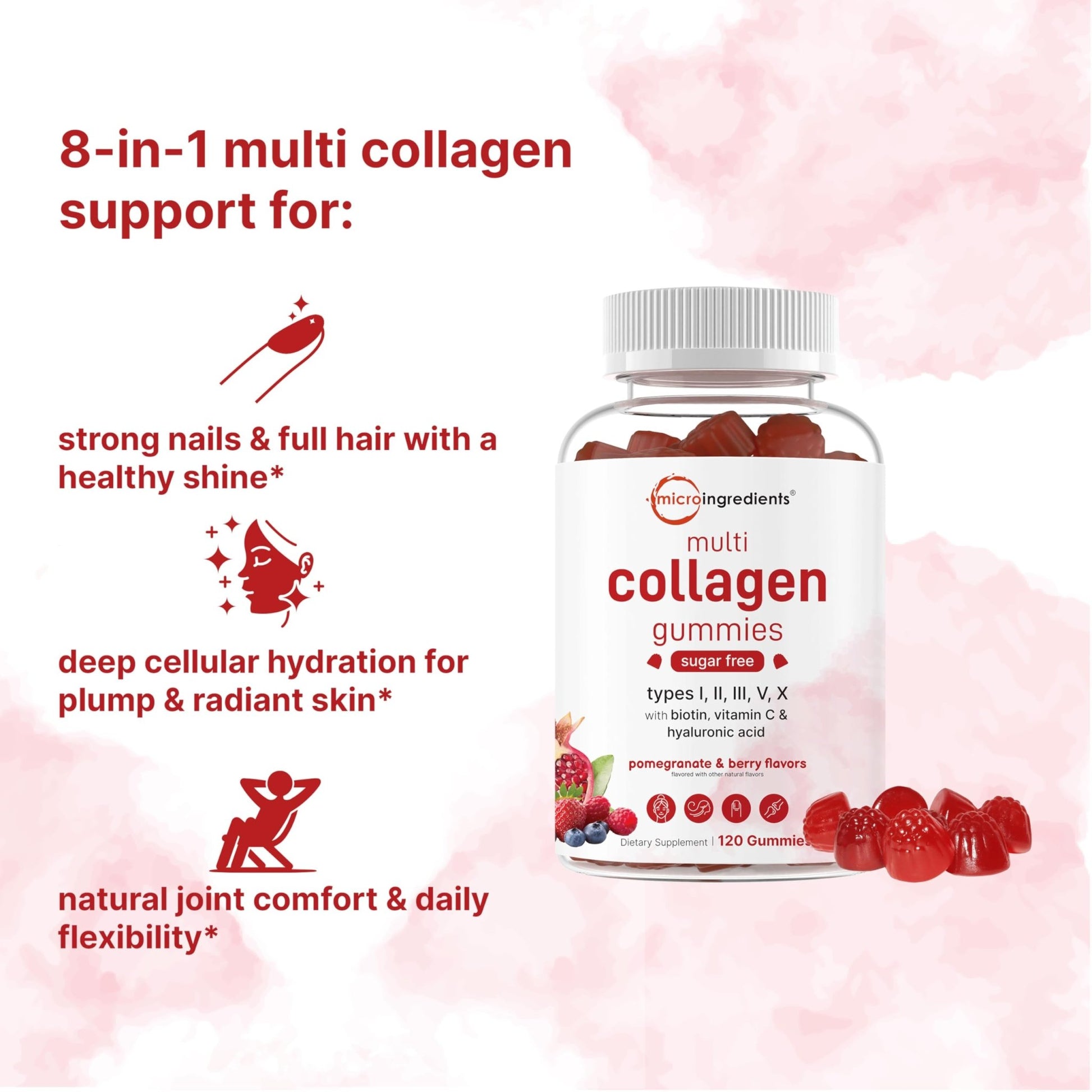Micro Ingredients Multi Collagen Peptides, 120 Collagen Gummies | Type I,II,III,V,X Protein with Biotin, Hyaluronic Acid, & Vitamin C Complex | Pomegranate & Berry Flavored - dailyvitalstore
