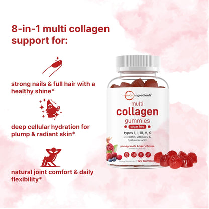 Micro Ingredients Multi Collagen Peptides, 120 Collagen Gummies | Type I,II,III,V,X Protein with Biotin, Hyaluronic Acid, & Vitamin C Complex | Pomegranate & Berry Flavored - dailyvitalstore