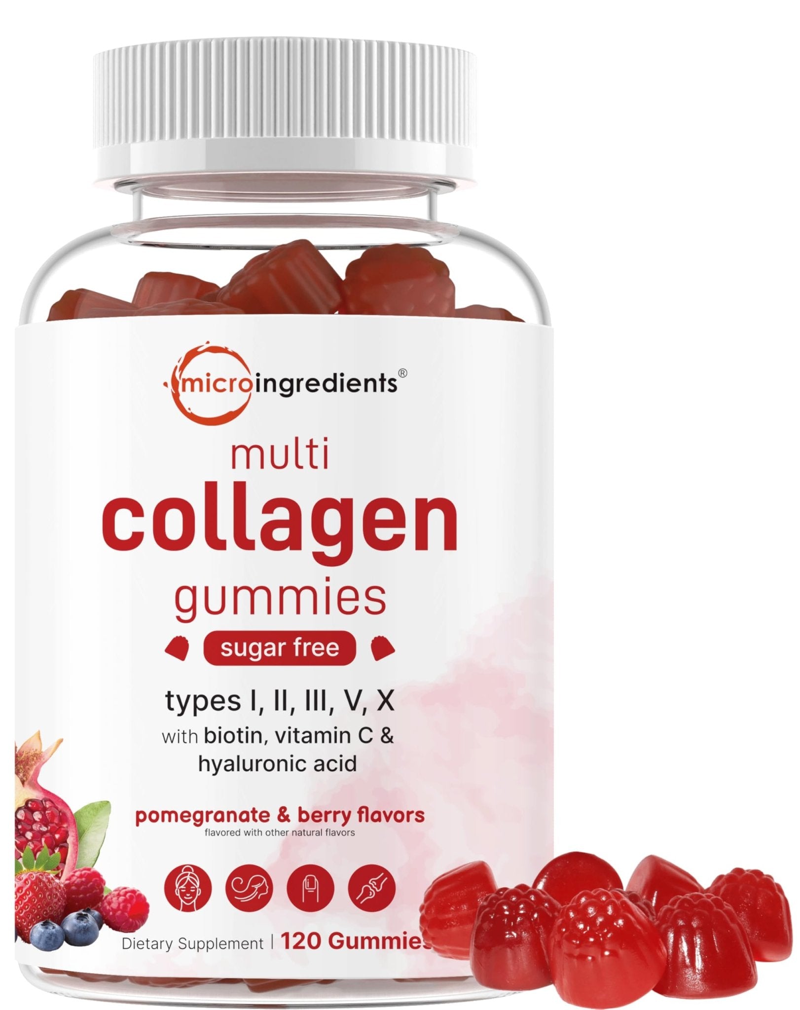 Micro Ingredients Multi Collagen Peptides, 120 Collagen Gummies | Type I,II,III,V,X Protein with Biotin, Hyaluronic Acid, & Vitamin C Complex | Pomegranate & Berry Flavored - dailyvitalstore