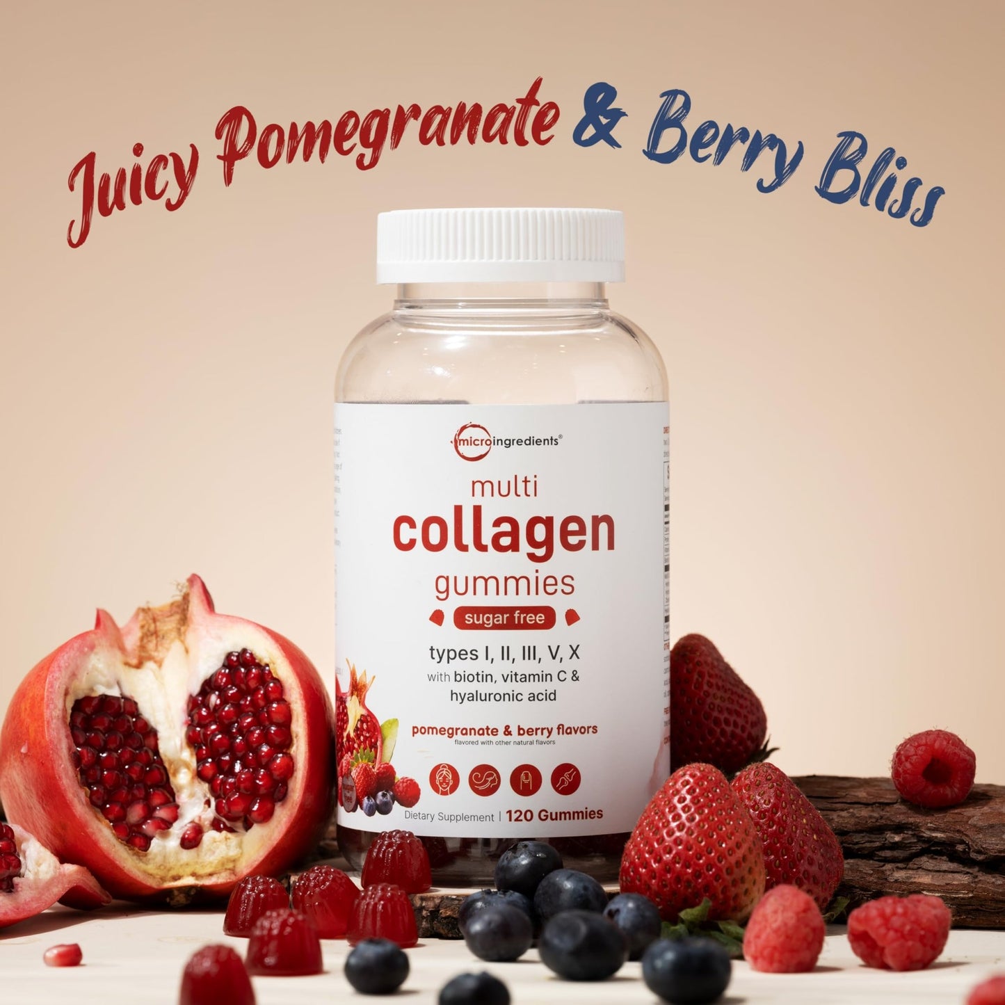 Micro Ingredients Multi Collagen Peptides, 120 Collagen Gummies | Type I,II,III,V,X Protein with Biotin, Hyaluronic Acid, & Vitamin C Complex | Pomegranate & Berry Flavored - dailyvitalstore
