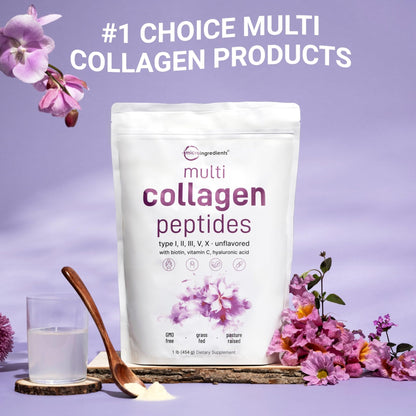 Micro Ingredients Multi Collagen Peptides Powder, 1lb – Hydrolyzed Type I,II,III,V,X with Biotin, Hyaluronic Acid, Vitamin C – Unflavored Collagen - dailyvitalstore