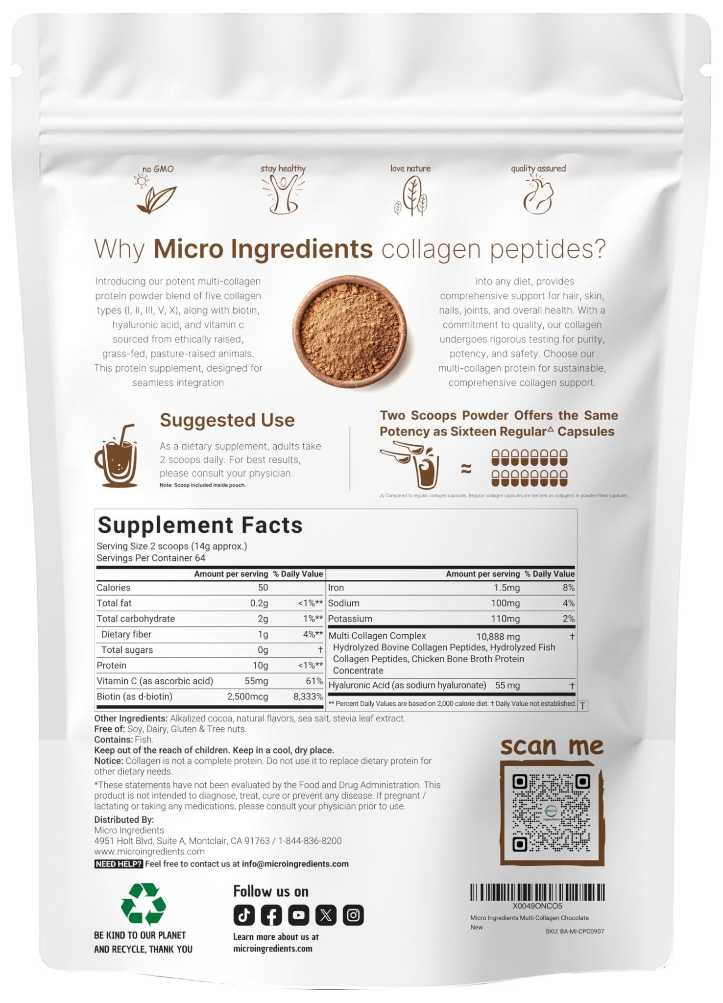 Micro Ingredients Multi Collagen Peptides Powder, 2lb | Type I, II, III, V, X + Biotin, Vitamin C & Hyaluronic Acid | Chocolate Flavor | Supports Hair, - dailyvitalstore