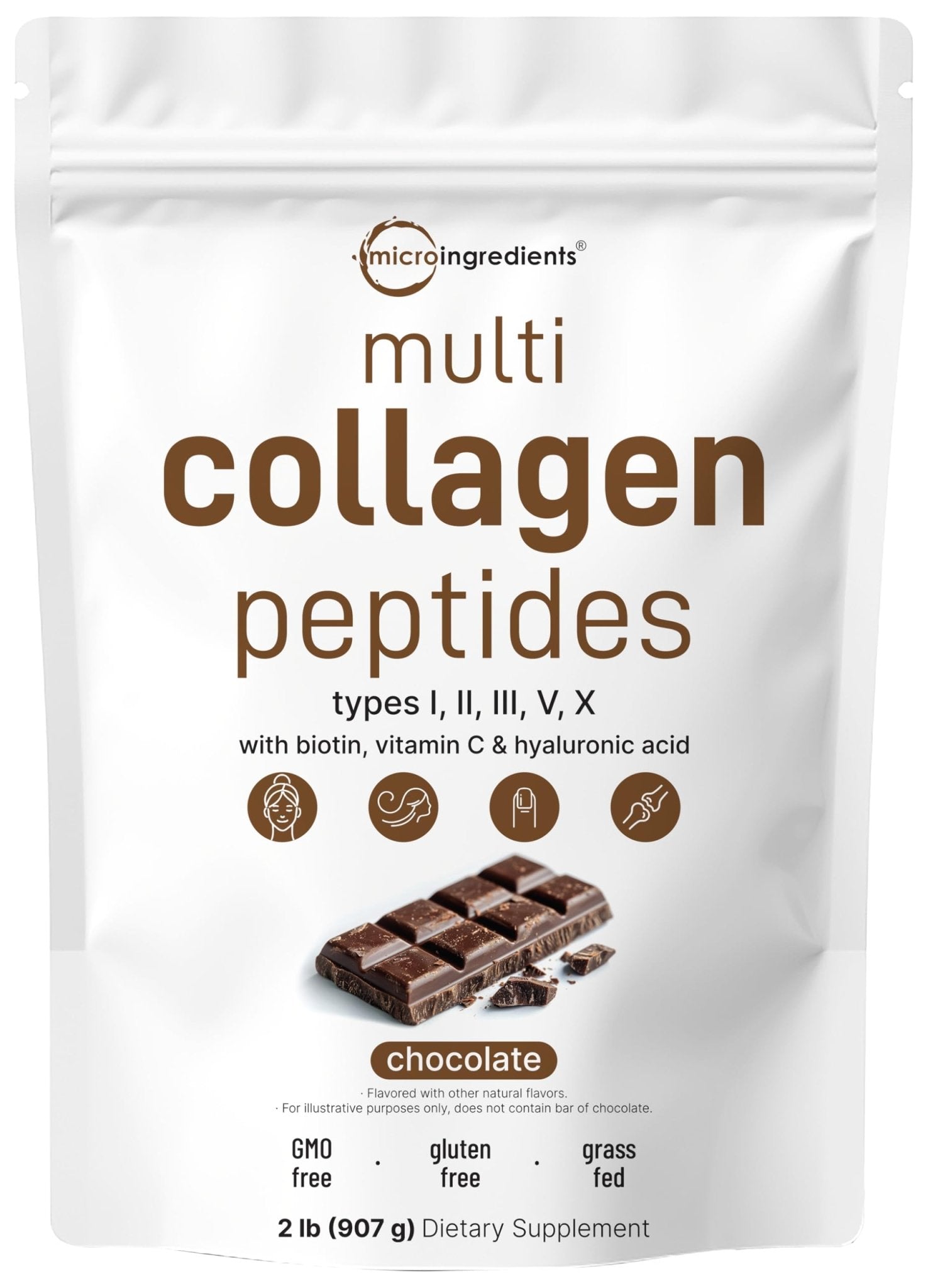 Micro Ingredients Multi Collagen Peptides Powder, 2lb | Type I, II, III, V, X + Biotin, Vitamin C & Hyaluronic Acid | Chocolate Flavor | Supports Hair, - dailyvitalstore