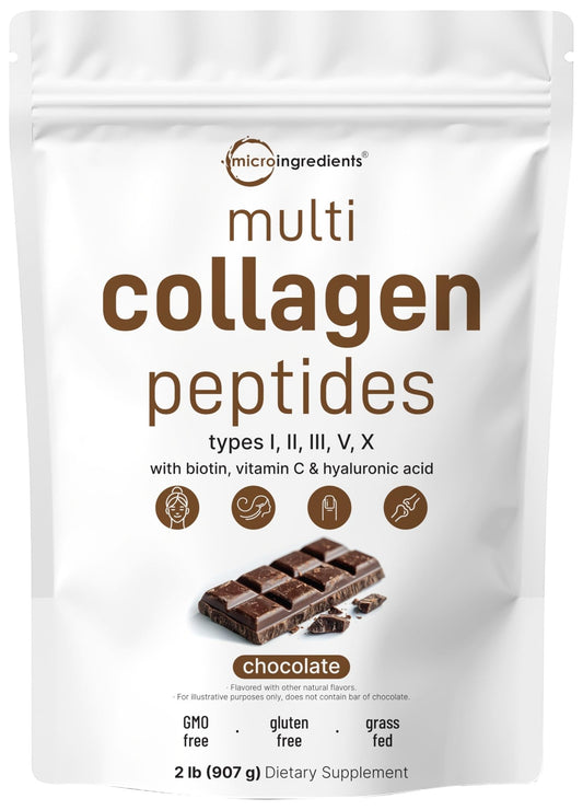 Micro Ingredients Multi Collagen Peptides Powder, 2lb | Type I, II, III, V, X + Biotin, Vitamin C & Hyaluronic Acid | Chocolate Flavor | Supports Hair, - dailyvitalstore