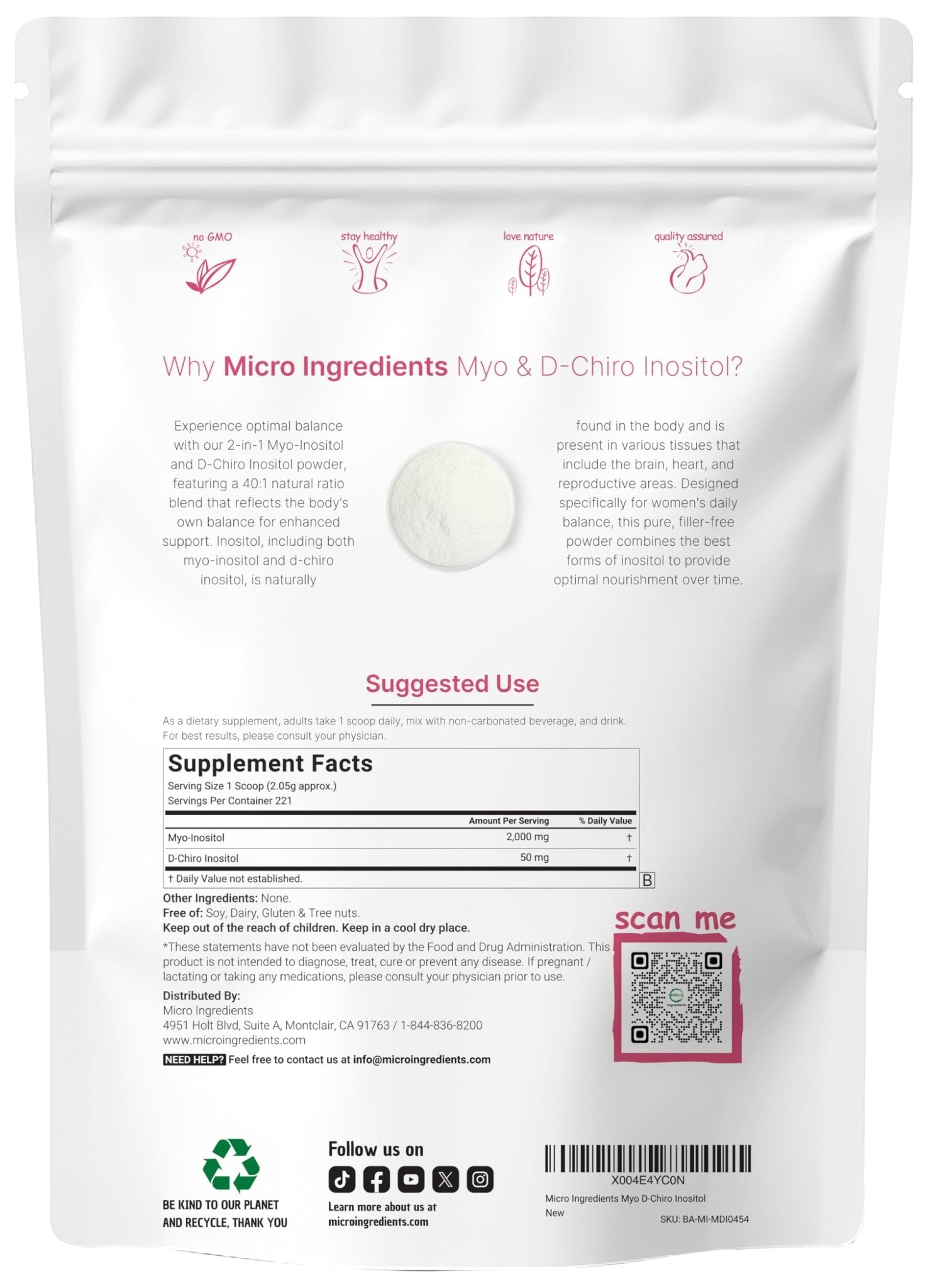 Micro Ingredients Myo-Inositol & D-Chiro Inositol Powder, 1lb (221 Servings) | 40:1 Ideal Ratio Inositol Supplement for Women | Supports Hormonal Balance - dailyvitalstore