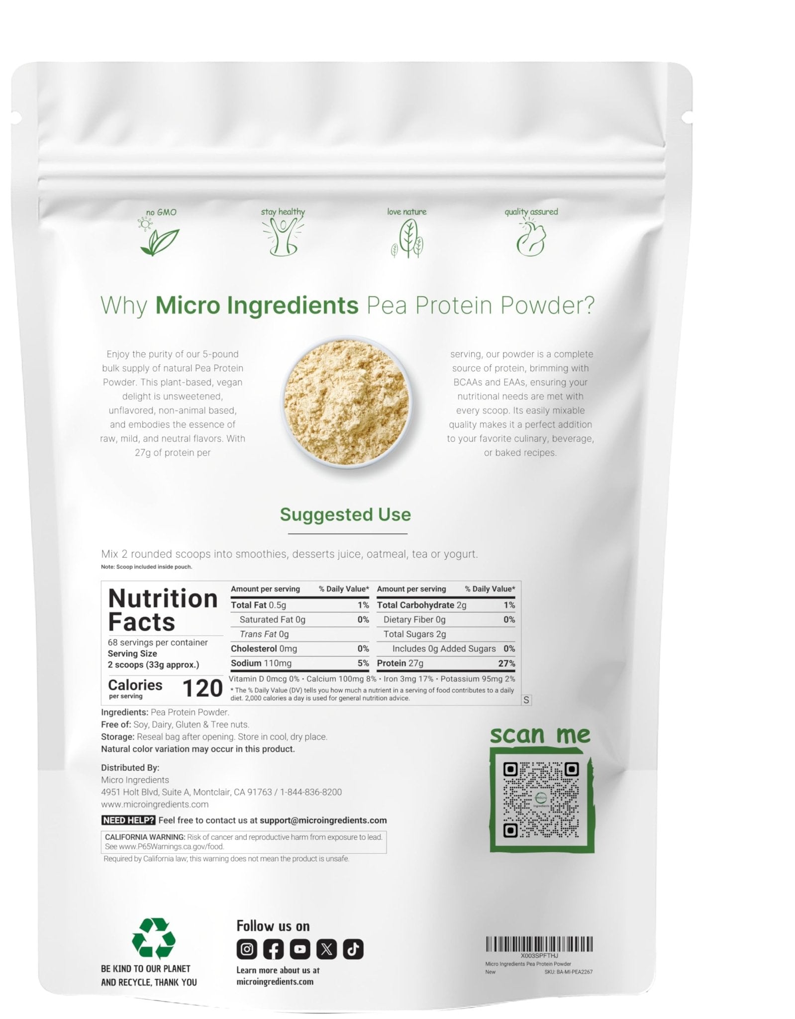 Micro Ingredients North American Grown, Pea Protein Powder, 5 Pounds | Plant Based, Unflavored | Complete Vegan Protein Source with BCAAs & EAAs – 27g Serving | Non-GMO, Keto Friendly - dailyvitalstore