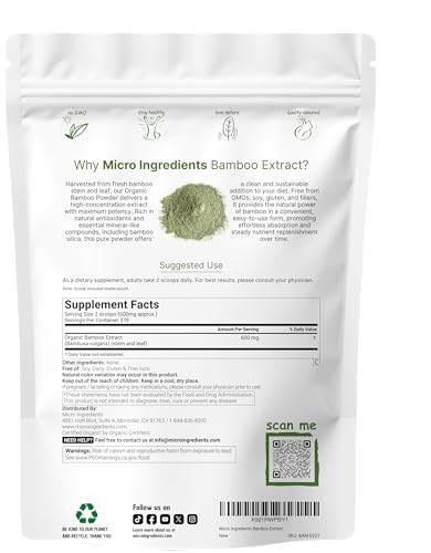 Micro Ingredients Organic Bamboo Extract Powder, 8oz (378 Servings) | Bamboo Plant Silica & Mineral Supplements | Natural Stem & Leaf Extract | Non-GMO, Gluten Free, Vegan Friendly - dailyvitalstore