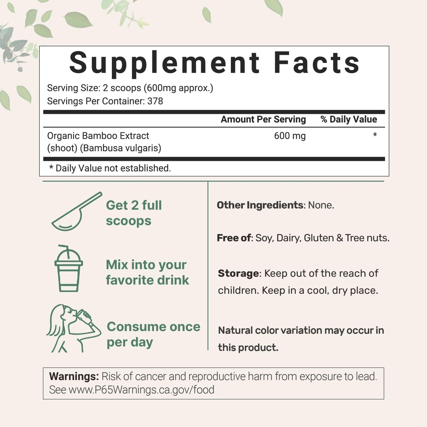 Micro Ingredients Organic Bamboo Extract Powder, 8oz (378 Servings) | Bamboo Plant Silica & Mineral Supplements | Natural Stem & Leaf Extract | Non-GMO, Gluten Free, Vegan Friendly - dailyvitalstore