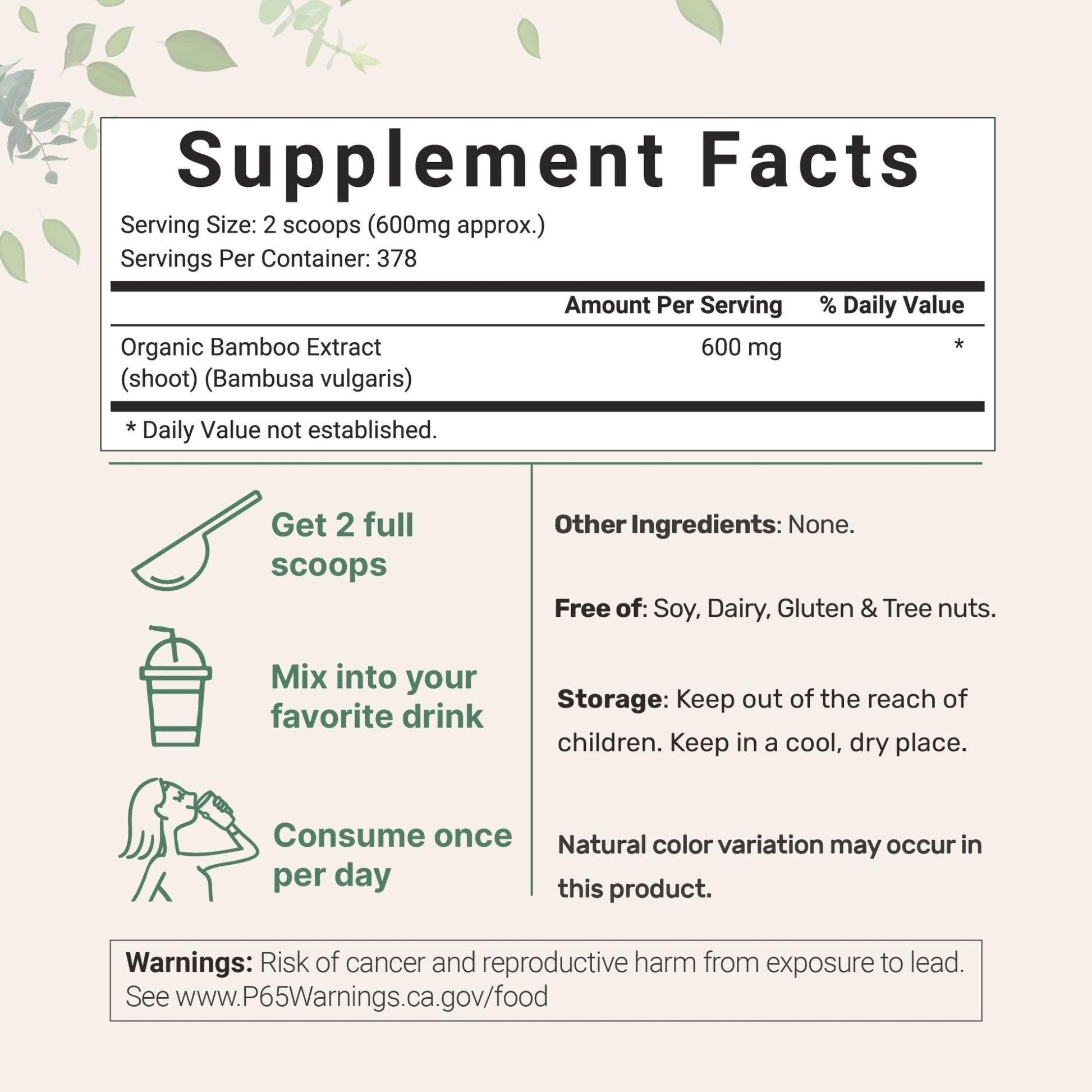 Micro Ingredients Organic Bamboo Extract Powder, 8oz (378 Servings) | Bamboo Plant Silica & Mineral Supplements | Natural Stem & Leaf Extract | Non-GMO, Gluten Free, Vegan Friendly - dailyvitalstore