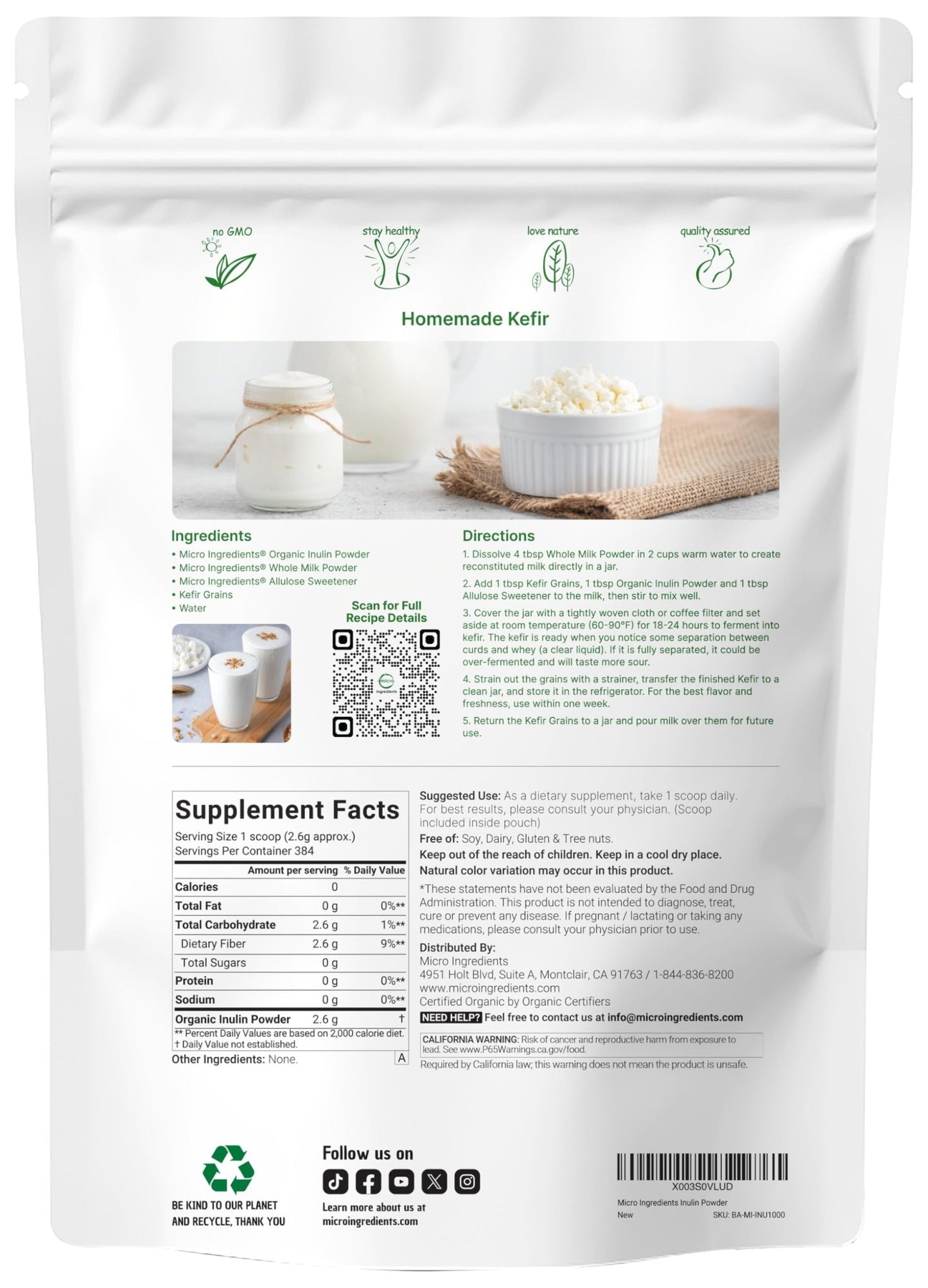 Micro Ingredients Organic Inulin FOS Fiber Powder, 2.2 lbs | Quick Water-Soluble Prebiotic | Natural Fiber for Smoothies & Drinks | Vegan Friendly, Dissolves Clear - dailyvitalstore