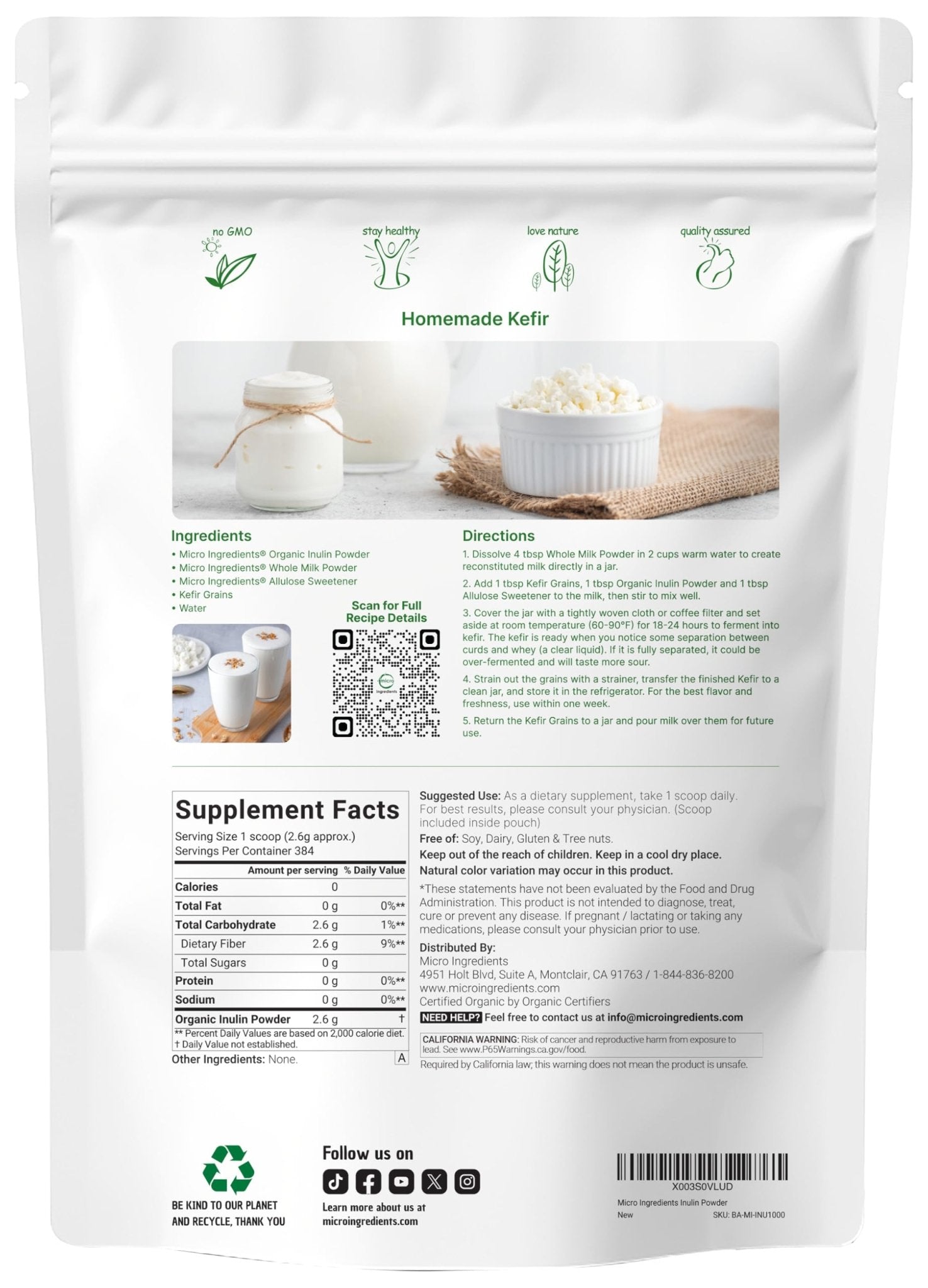 Micro Ingredients Organic Inulin FOS Fiber Powder, 2.2 lbs | Quick Water-Soluble Prebiotic | Natural Fiber for Smoothies & Drinks | Vegan Friendly, Dissolves Clear - dailyvitalstore
