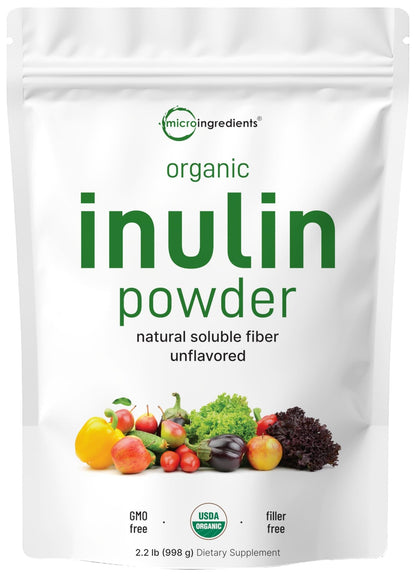 Micro Ingredients Organic Inulin FOS Fiber Powder, 2.2 lbs | Quick Water-Soluble Prebiotic | Natural Fiber for Smoothies & Drinks | Vegan Friendly, Dissolves Clear - dailyvitalstore
