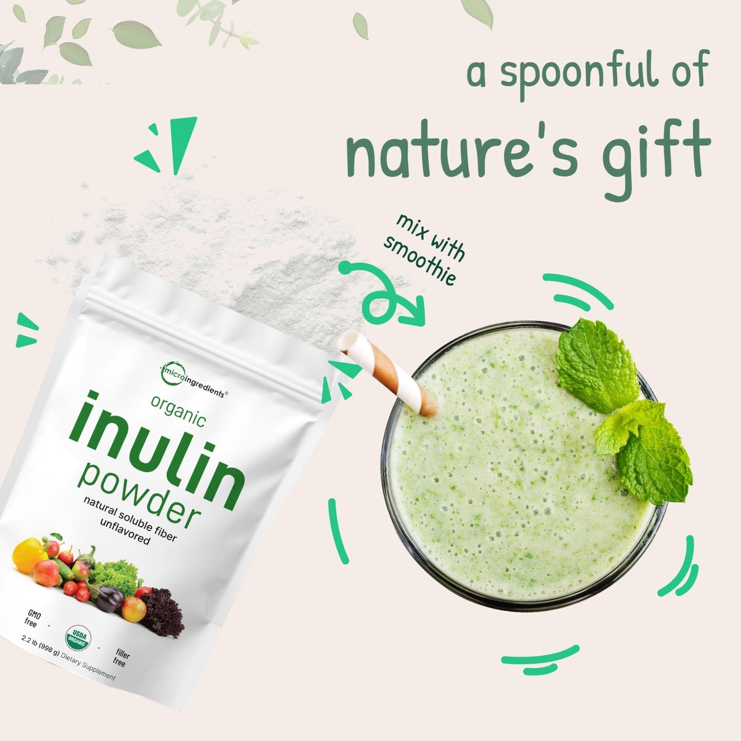 Micro Ingredients Organic Inulin FOS Fiber Powder, 2.2 lbs | Quick Water-Soluble Prebiotic | Natural Fiber for Smoothies & Drinks | Vegan Friendly, Dissolves Clear - dailyvitalstore