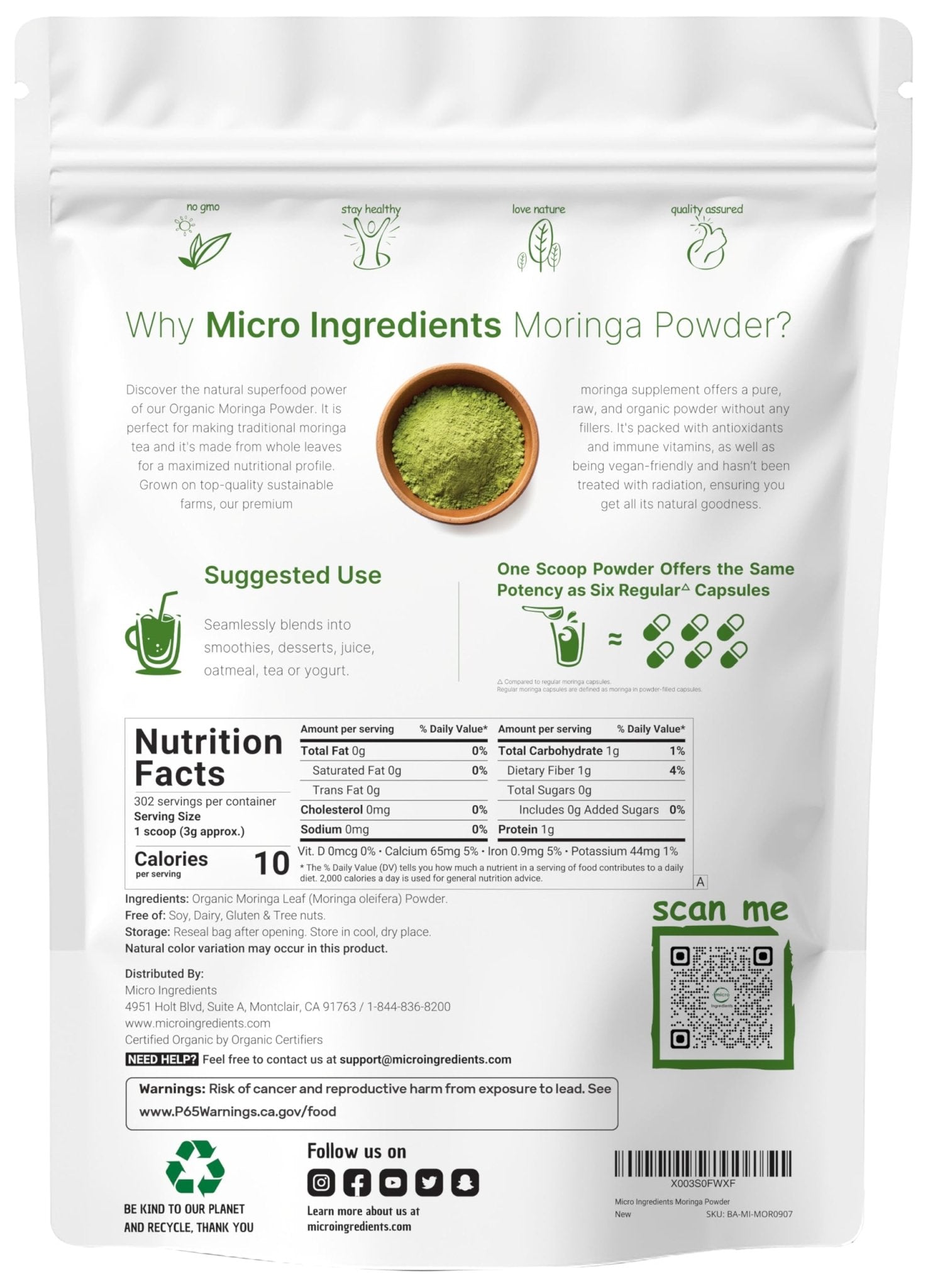 Micro Ingredients Organic Moringa Oleifera Leaf Powder, 2 Pound | Rich in Antioxidants & Immune Vitamins | Pure Leaves Without Stems | - dailyvitalstore
