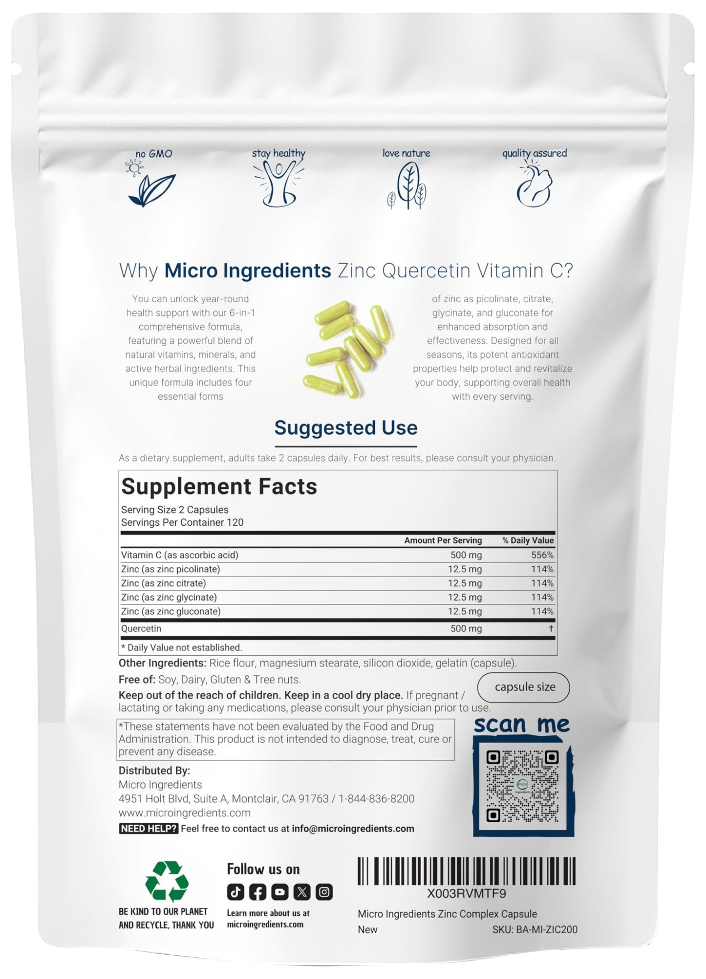 Micro Ingredients Quercetin with Vitamin C and Zinc, 240 Capsules | Quercetin 500mg, Vitamin C 500mg, Zinc 50mg (Picolinate, Citrate, Glycinate, Gluconate) - dailyvitalstore
