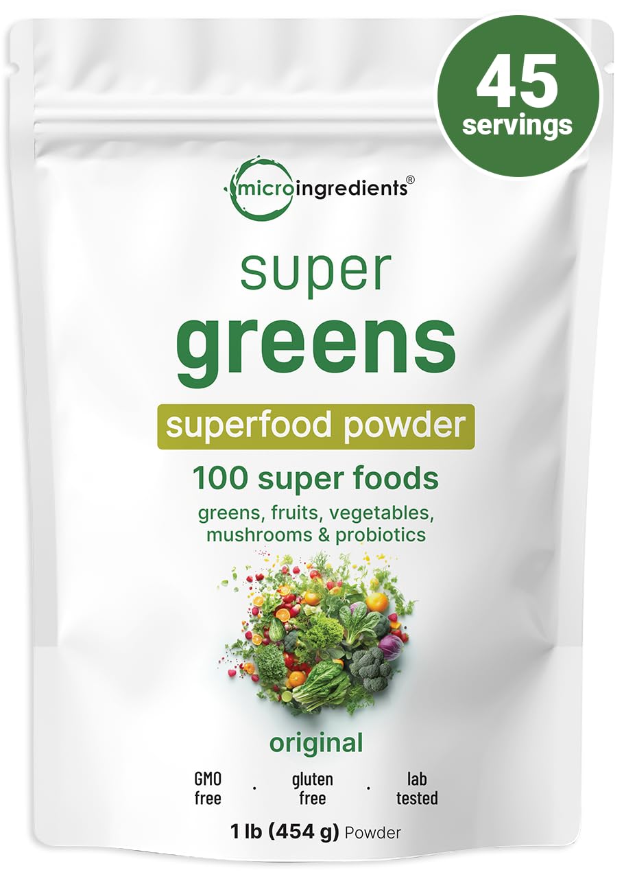 Micro Ingredients Super Greens Powder, 1lb | 100 Superfood Blend with Daily Greens, Probiotics, Fruits, Vegetables & Mushrooms | Source of Vegan Protein & Enzymes - dailyvitalstore