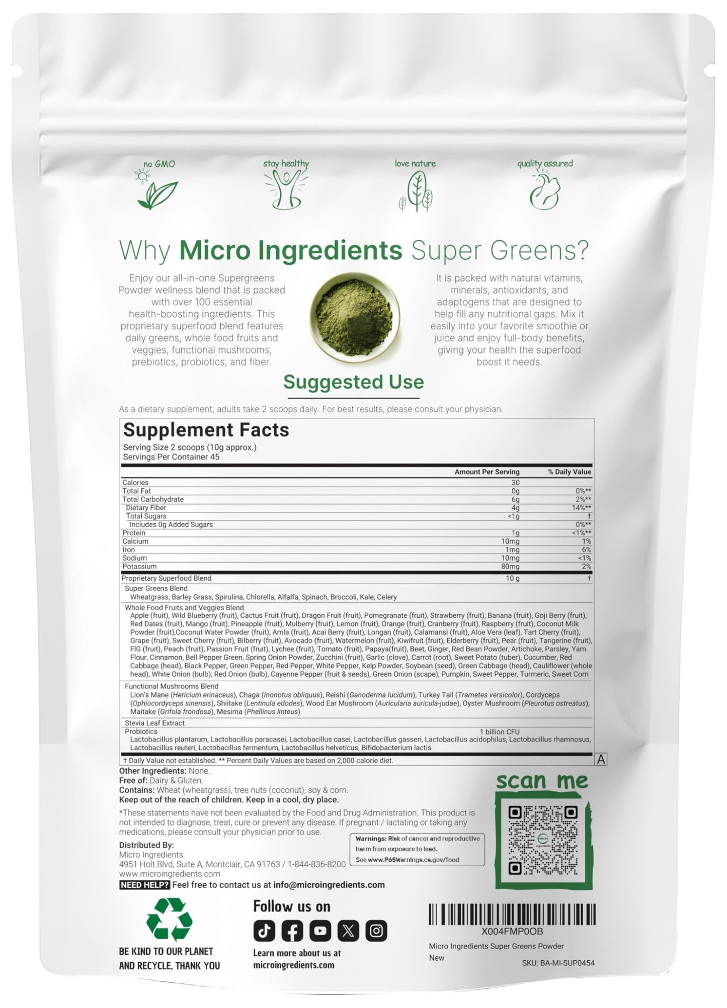 Micro Ingredients Super Greens Powder, 1lb | 100 Superfood Blend with Daily Greens, Probiotics, Fruits, Vegetables & Mushrooms | Source of Vegan Protein & Enzymes - dailyvitalstore