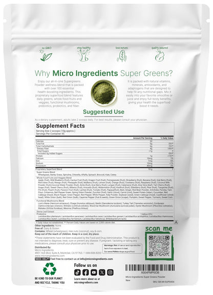 Micro Ingredients Super Greens Powder, 1lb | 100 Superfood Blend with Daily Greens, Probiotics, Fruits, Vegetables & Mushrooms | Source of Vegan Protein & Enzymes - dailyvitalstore