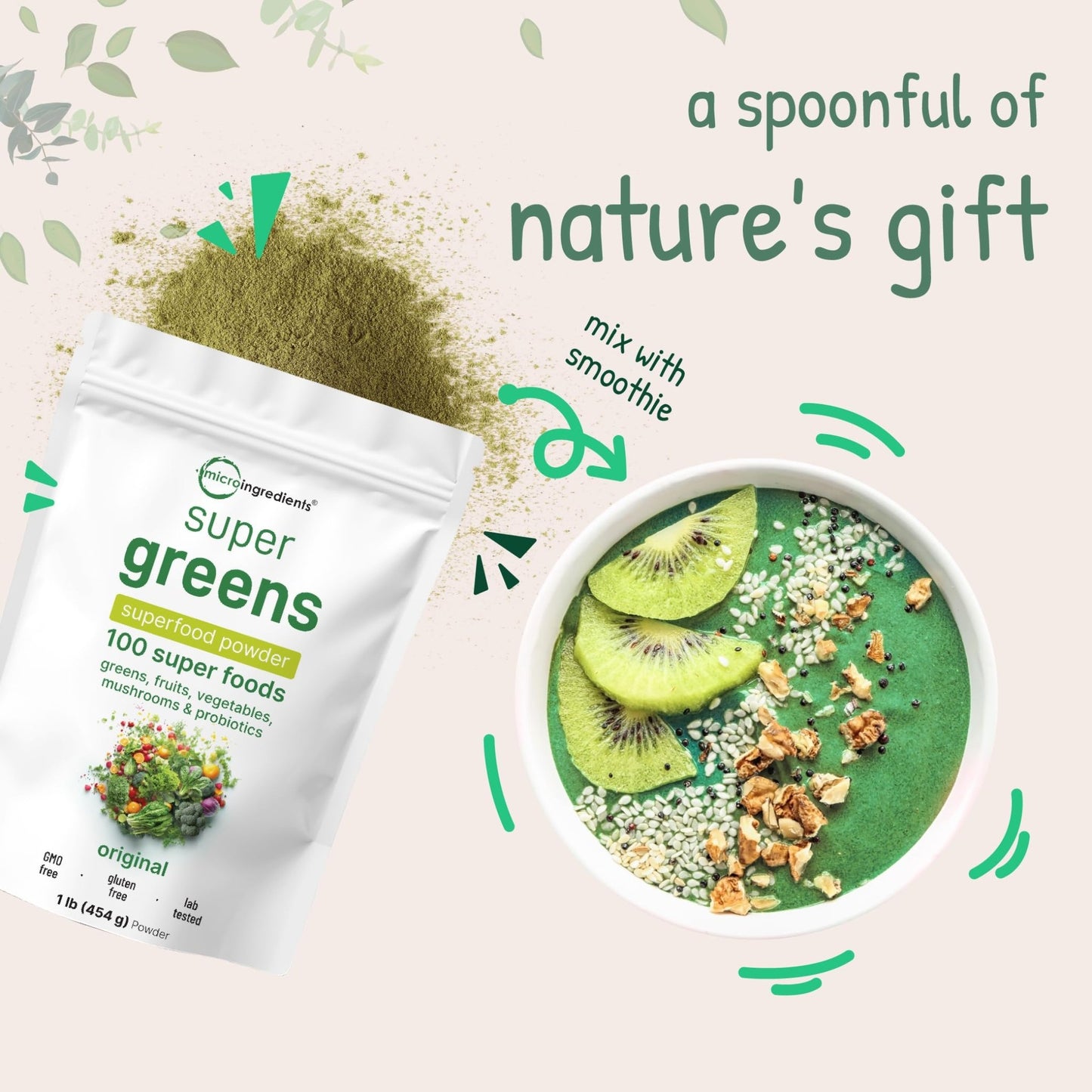 Micro Ingredients Super Greens Powder, 1lb | 100 Superfood Blend with Daily Greens, Probiotics, Fruits, Vegetables & Mushrooms | Source of Vegan Protein & Enzymes - dailyvitalstore