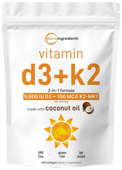 Micro Ingredients Vitamin D3 5,000 IU + K2 MK-7 100 mcg, 300 Softgels | Virgin Coconut Oil | 2-in-1 Support - dailyvitalstore