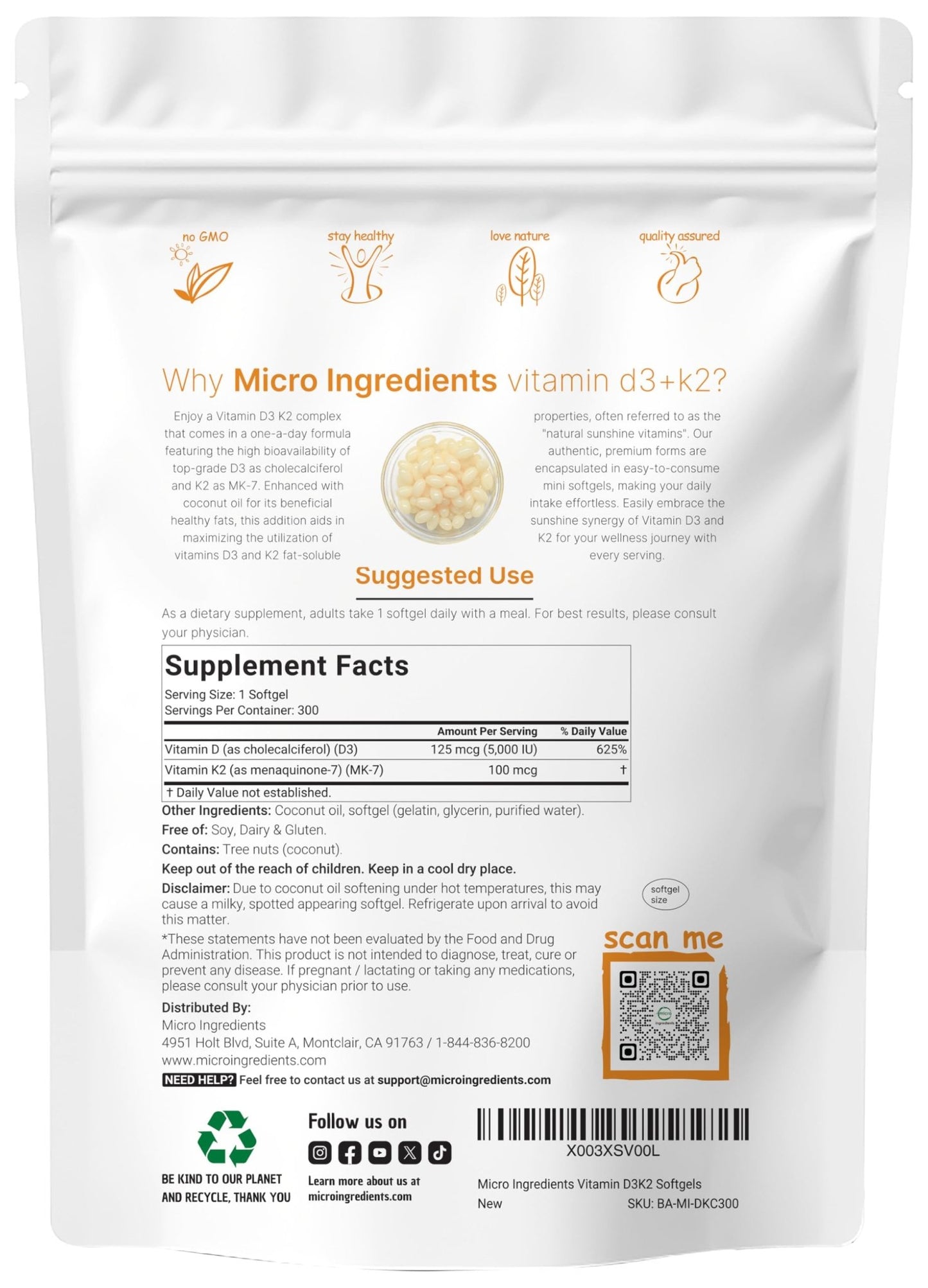 Micro Ingredients Vitamin D3 5,000 IU + K2 MK-7 100 mcg, 300 Softgels | Virgin Coconut Oil | 2-in-1 Support - dailyvitalstore
