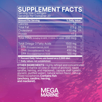 Microbiome Labs MegaMarine Omega 3 Fish Oil Supplements - Gut-Specific EPA DHA Omega 3 Supplement with DPA for Gut Health - Support Immune & Gut Barrier Function (60 Softgels) - dailyvitalstore