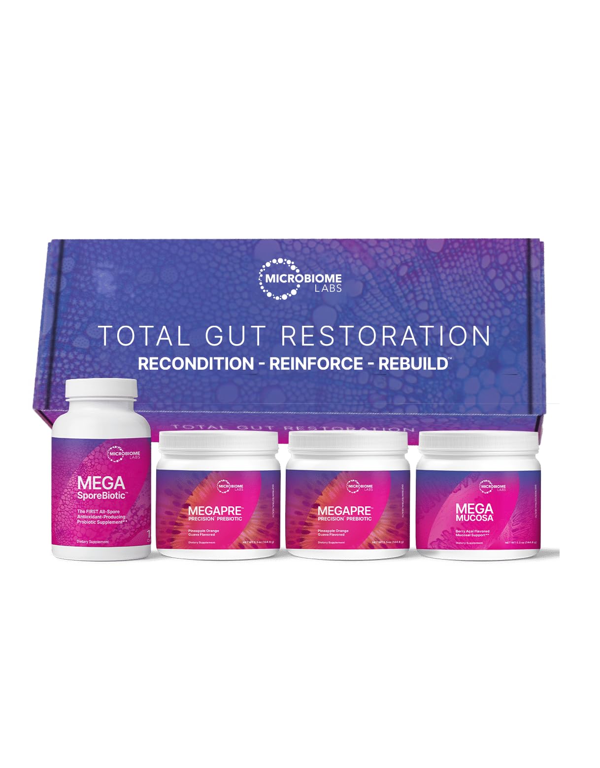 Microbiome Labs Total Gut Restoration Kit (Powder) - 3-Product Gut Health Spore Based Probiotic, Prebiotic Powder & Mucosal Immunoglobulin + Amino Acids Supplement - dailyvitalstore