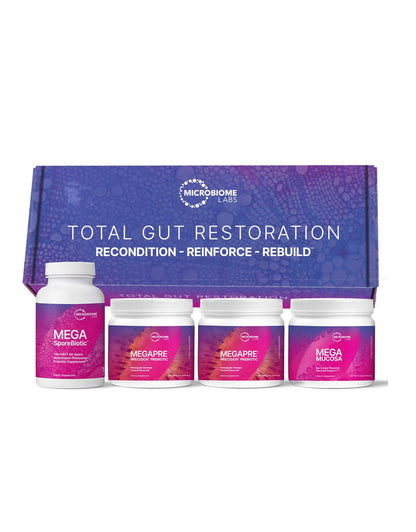 Microbiome Labs Total Gut Restoration Kit (Powder) - 3-Product Gut Health Spore Based Probiotic, Prebiotic Powder & Mucosal Immunoglobulin + Amino Acids Supplement - dailyvitalstore