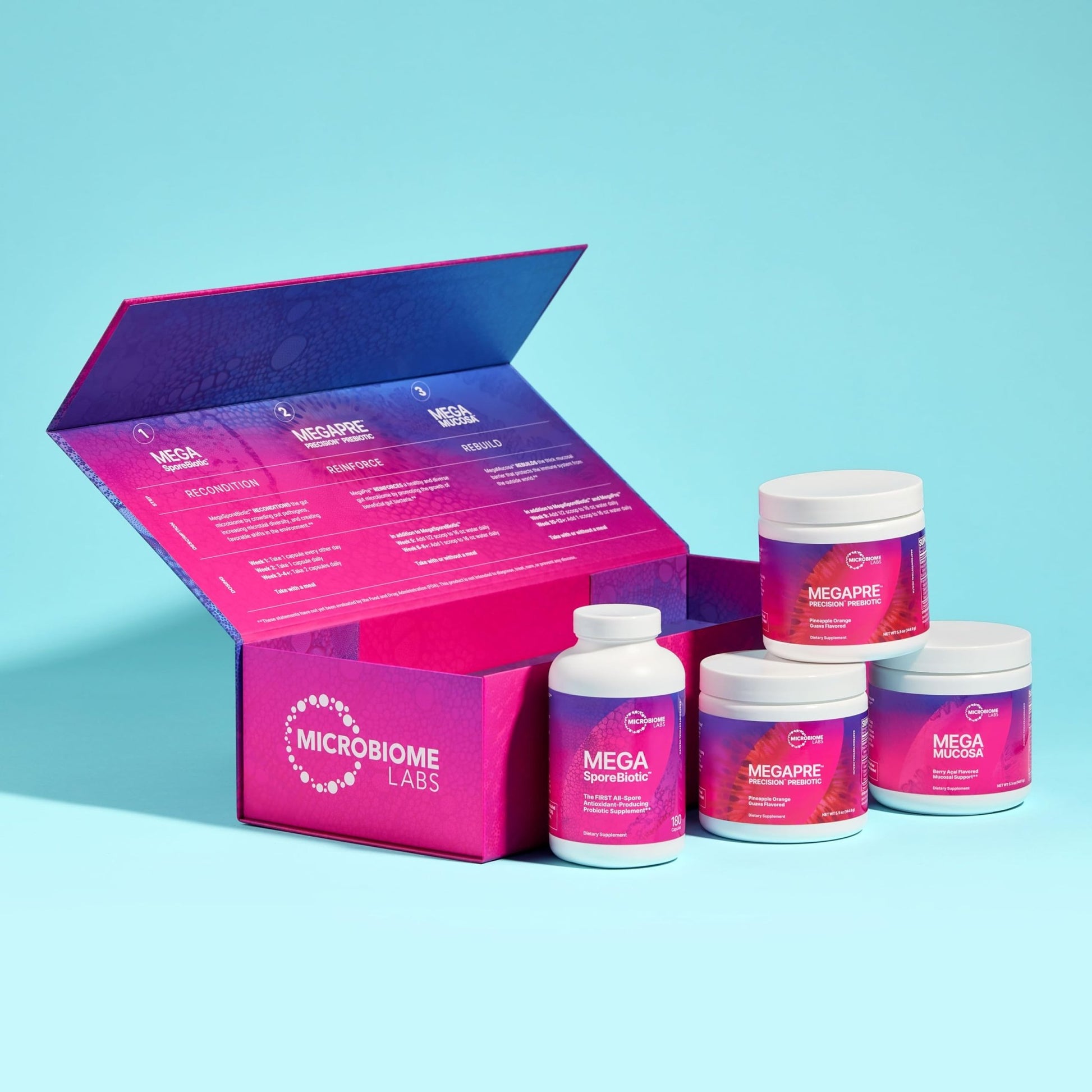 Microbiome Labs Total Gut Restoration Kit (Powder) - 3-Product Gut Health Spore Based Probiotic, Prebiotic Powder & Mucosal Immunoglobulin + Amino Acids Supplement - dailyvitalstore