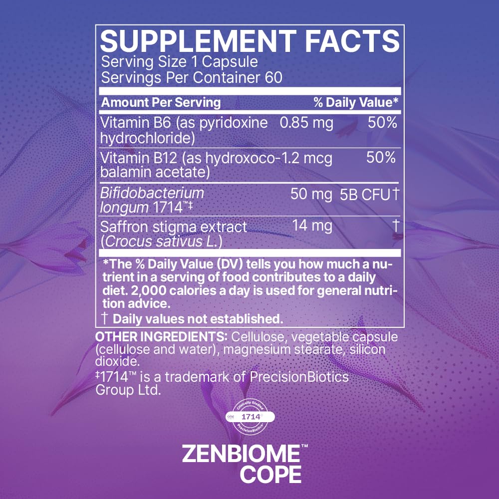 Microbiome Labs Zenbiome COPE - Probiotic Mood Support Supplement with Vitamin B6, B12 & Saffron Extract - Gut Health Probiotics for Women & Men - dailyvitalstore