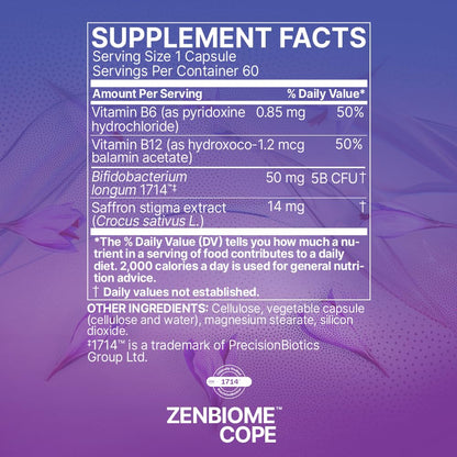 Microbiome Labs Zenbiome COPE - Probiotic Mood Support Supplement with Vitamin B6, B12 & Saffron Extract - Gut Health Probiotics for Women & Men - dailyvitalstore