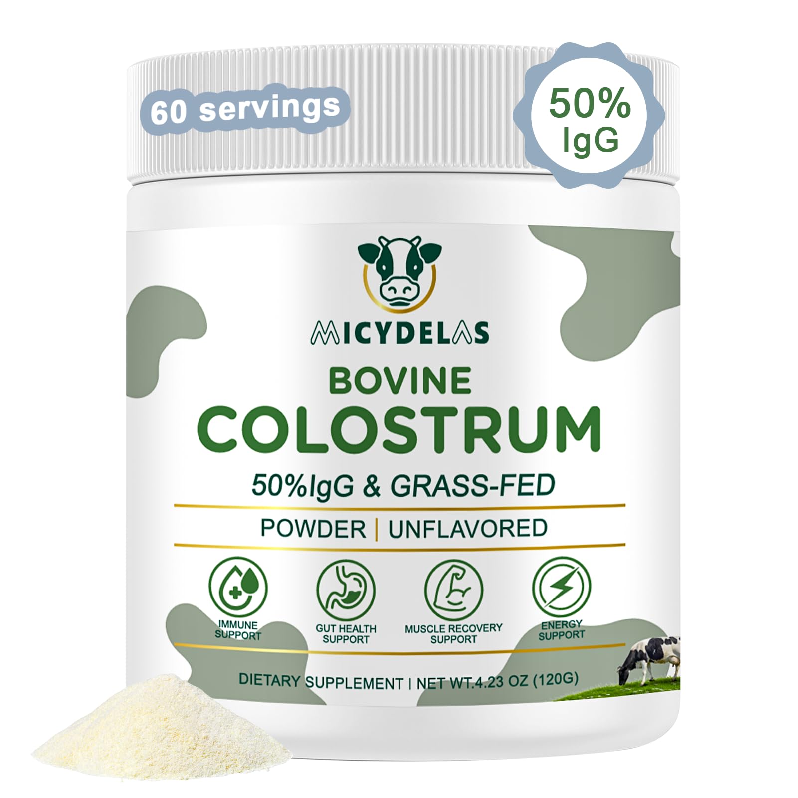 MICYDELAS Bovine Colostrum Supplement Powder 50% IgG Premium Bovine Colostrum for Gut Health Support, Immune Support, Muscle Recovery & Overall Wellness, Grass Fed, Non-GMO, Unflavored, 60 Servings - dailyvitalstore
