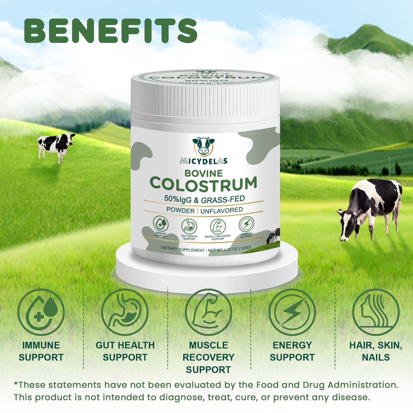 MICYDELAS Bovine Colostrum Supplement Powder 50% IgG Premium Bovine Colostrum for Gut Health Support, Immune Support, Muscle Recovery & Overall Wellness, Grass Fed, Non-GMO, Unflavored, 60 Servings - dailyvitalstore