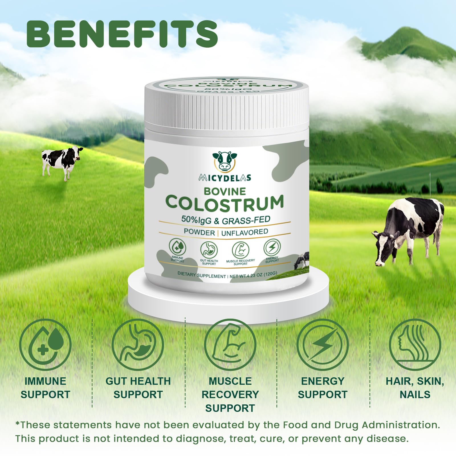 MICYDELAS Bovine Colostrum Supplement Powder 50% IgG Premium Bovine Colostrum for Gut Health Support, Immune Support, Muscle Recovery & Overall Wellness, Grass Fed, Non-GMO, Unflavored, 60 Servings - dailyvitalstore