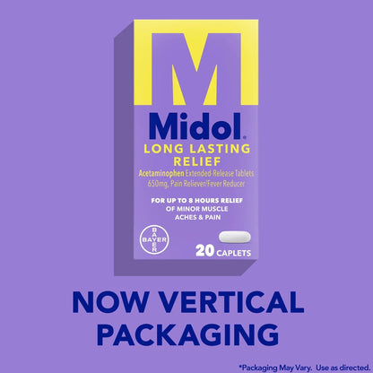 Midol Long Lasting Relief 20ct: Midol Long Lasting Relief, Menstrual Symptom Reliever & Fever Reducer, Caplets with Acetaminophen for Menstrual Pain Relief - 20 Count (Packaging May Vary) - dailyvitalstore