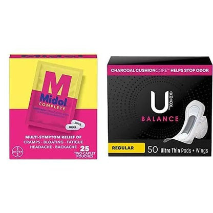 Midol Woman-on-The-Go Period Essentials Complete On The Go Menstrual Pain Relief Caplets, 50ct (25 Pouches of 2) & U by Kotex Balance Ultra Thin Pads Regular Absorbency 50ct - dailyvitalstore