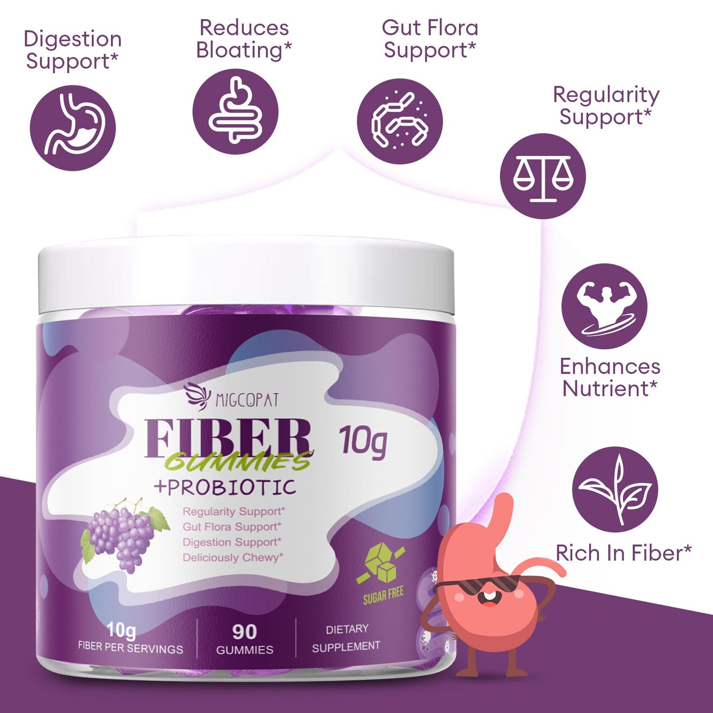 Migcopat 10G Fiber Gummies for Adults, No Sugar Added Grape Flavor, Fiber Supplement with 30 Billion CFU Probiotics Blend, ACV, Vitamin C, - dailyvitalstore