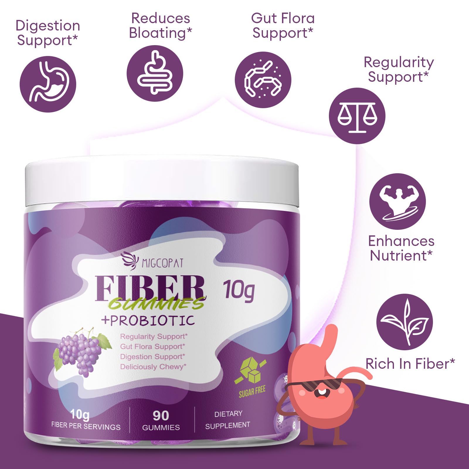 Migcopat 10G Fiber Gummies for Adults, No Sugar Added Grape Flavor, Fiber Supplement with 30 Billion CFU Probiotics Blend, ACV, Vitamin C, - dailyvitalstore