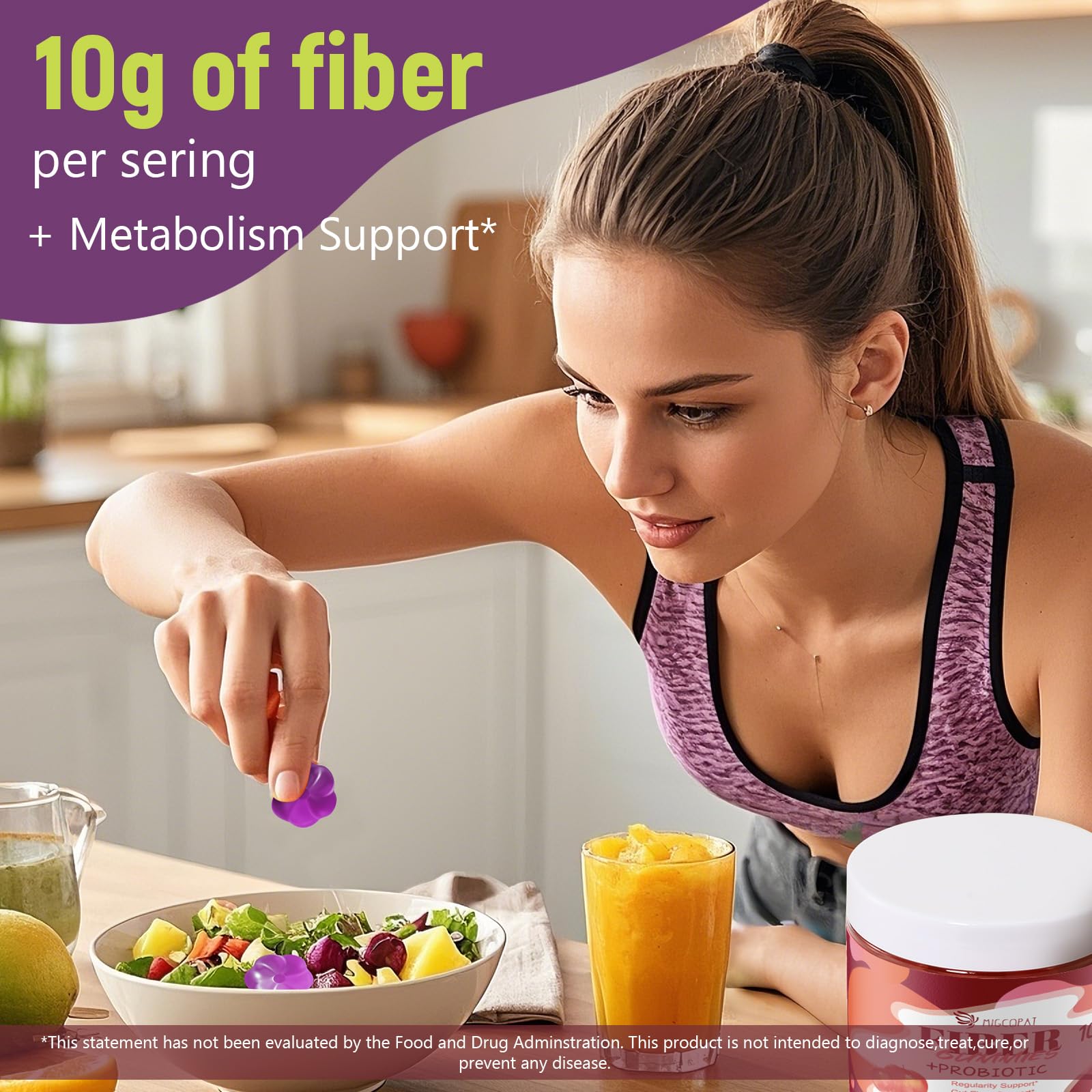 Migcopat 10G Fiber Gummies for Adults, No Sugar Added Grape Flavor, Fiber Supplement with 30 Billion CFU Probiotics Blend, ACV, Vitamin C, - dailyvitalstore