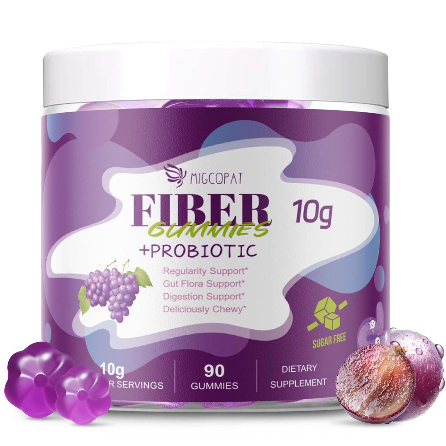 Migcopat 10G Fiber Gummies for Adults, No Sugar Added Grape Flavor, Fiber Supplement with 30 Billion CFU Probiotics Blend, ACV, Vitamin C, - dailyvitalstore