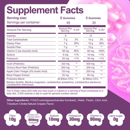 Migcopat 10G Fiber Gummies for Adults, No Sugar Added Grape Flavor, Fiber Supplement with 30 Billion CFU Probiotics Blend, ACV, Vitamin C, - dailyvitalstore