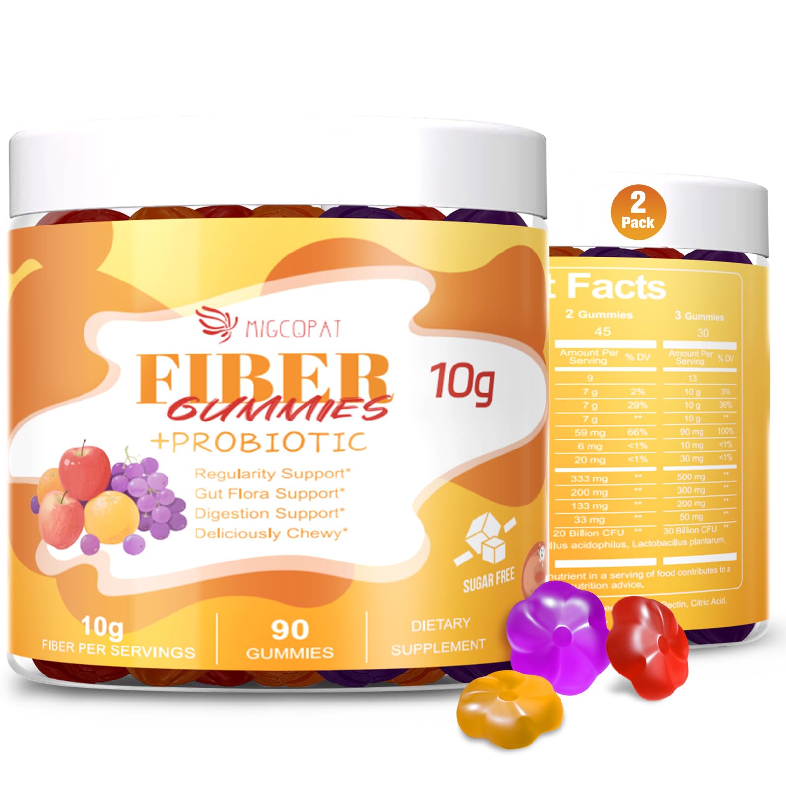 Migcopat 10G Fiber Gummies for Adults - Support Digestive Health - Fiber Supplement with 30 Billion CFU Probiotics Blend, ACV, Vitamin C, Inulin - No Sugar Added - Fruit Flavored - 180 Count - dailyvitalstore