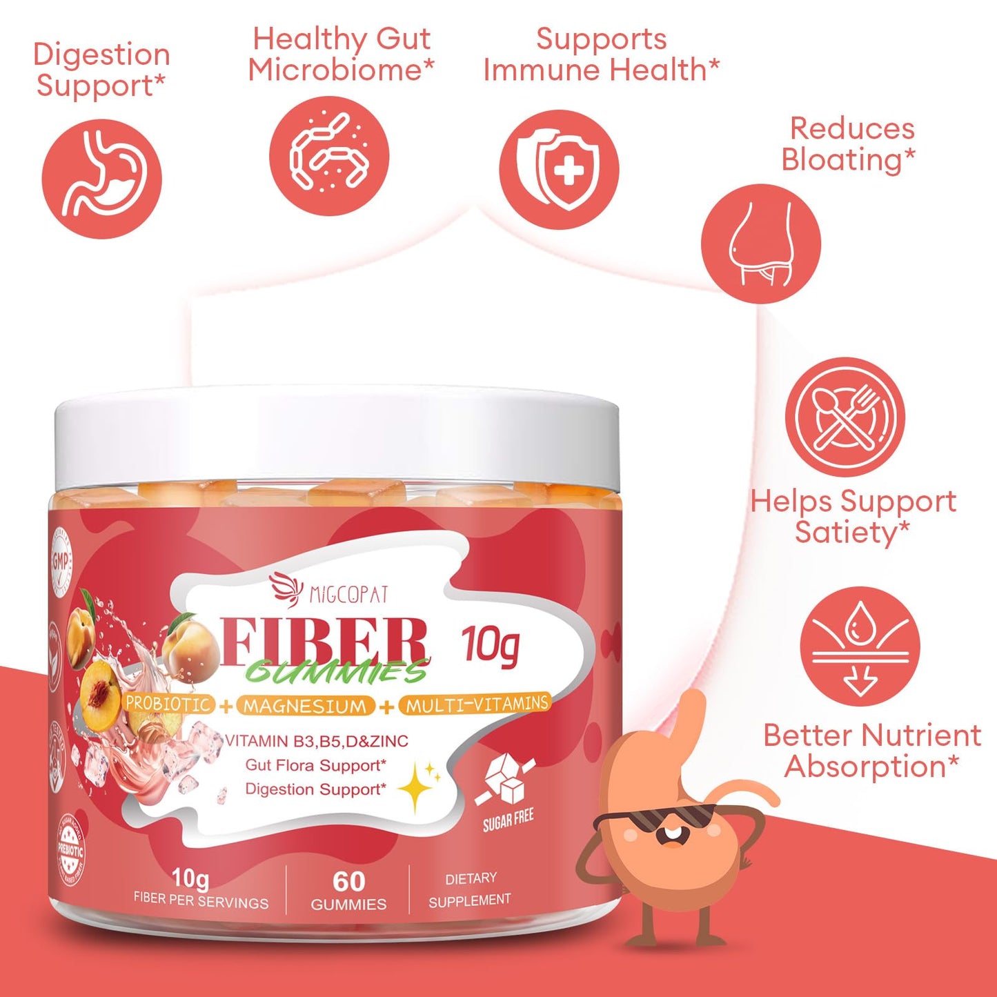 Migcopat 10G Fiber Gummies for Adults with Vitamins C, D, B3, B5 - Digestive & Gut Health Gummies with 30 Billion CFU Probiotics Blend, Inulin, ACV, Magnesium, Zinc - dailyvitalstore