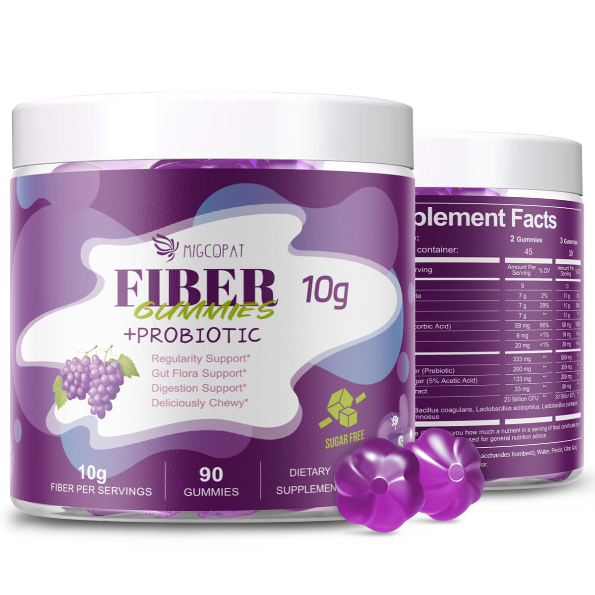 Migcopat 10G Fiber Gummies with 30 Billion CFU Probiotics, Grape Flavor, Bloating Support, Fiber Supplement with Vitamin C, - dailyvitalstore