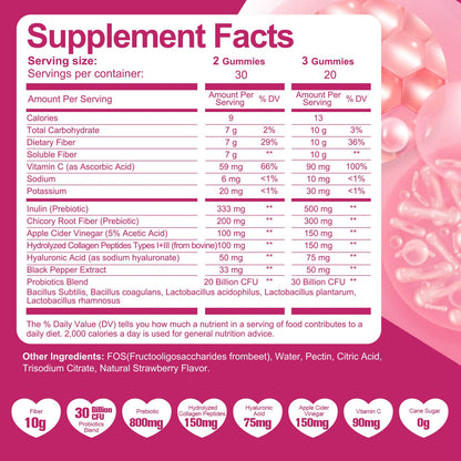 Migcopat 10G Fiber Gummies with Collagen Peptides, Hyaluronic Acid, Vitamin C, ACV, 30 Billion CFU Probiotics – Sugar Free Collagen Gummy for Skin, Hair & Nails – Digestive Health Support – 60 Cts - dailyvitalstore